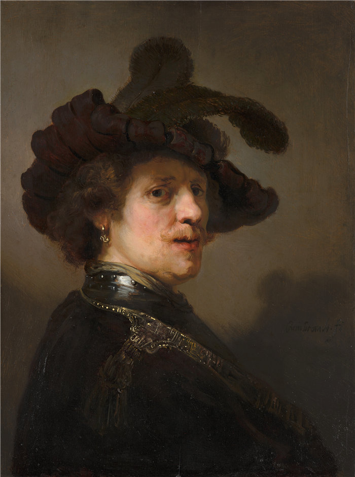 伦勃朗·范·瑞恩  (Rembrandt van Rijn) 作品 - 戴羽毛贝雷帽的男人的“Tronie”（约 1635 - 1640）