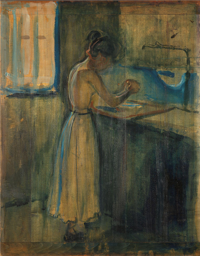爱德华·蒙克（Edvard Munch）作品 - 给自己洗澡的年轻女人 (1896)