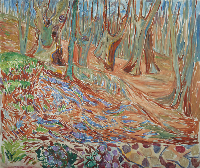 爱德华·蒙克（Edvard Munch）作品 - 春天的榆树林（约 1923 年）