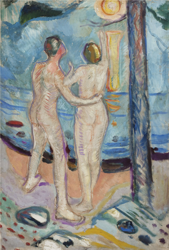 爱德华·蒙克（Edvard Munch）作品 - 海滩上的裸-体-情-侣 (1910–16)