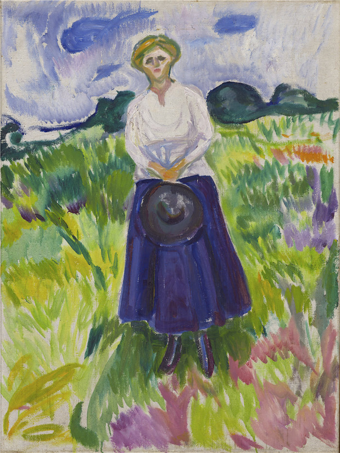 爱德华·蒙克（Edvard Munch）作品 - 绿草地上的女人 (1917)