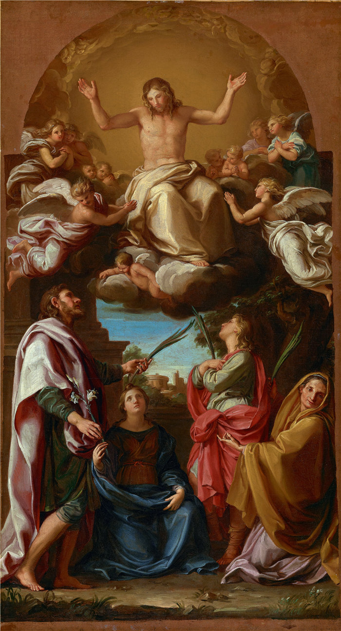 蓬佩奥·巴托尼 (Pompeo Girolamo Batoni,意大利) 作品-基督与圣徒塞尔苏斯、朱利安·马西奥尼拉和巴西利萨 (1736–1737)