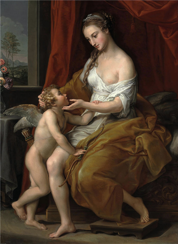 蓬佩奥·巴托尼 (Pompeo Girolamo Batoni，意大利) 作品-爱抚金星的丘比特 (1774)