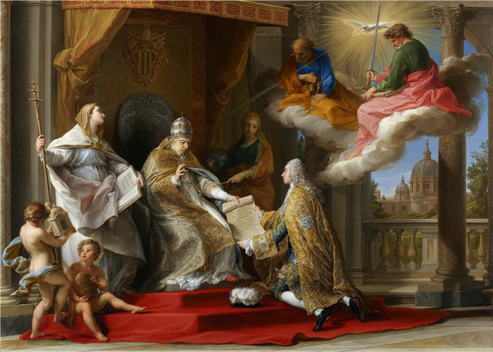 蓬佩奥·巴托尼 (Pompeo Girolamo Batoni，意大利) 作品-教皇本笃十四世将通谕 Ex Omnibus 呈递给康德斯坦维尔伯爵，后来的舒瓦瑟公爵 (1757)