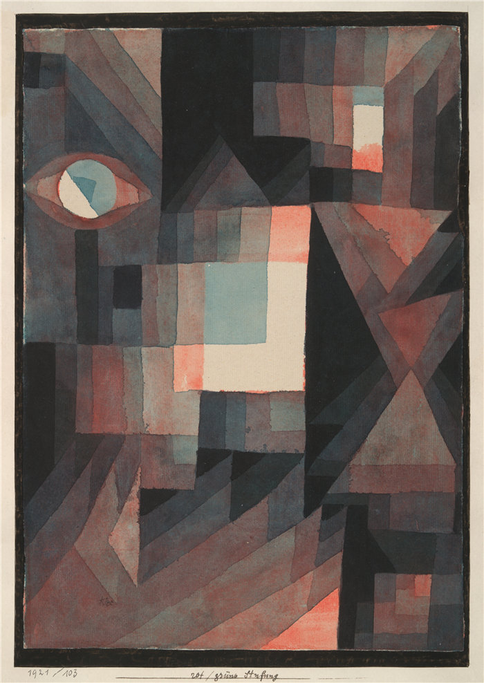 保罗・克利（Paul Klee，德国 ）作品-抽象的。红色和绿色渐变 [带有一些垂直格式的朱砂] (1921)