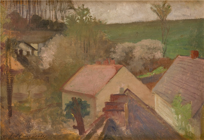 杰克·马尔切夫斯基(Jacek Malczewski，波兰画家)作品-带房屋的乡村景观（1904-1908）