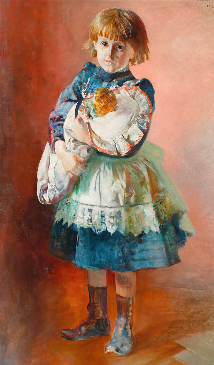杰克·马尔切夫斯基(Jacek Malczewski,波兰画家)作品-朱莉娅,艺术家的女儿,带着玩偶的肖像(1893 年)
