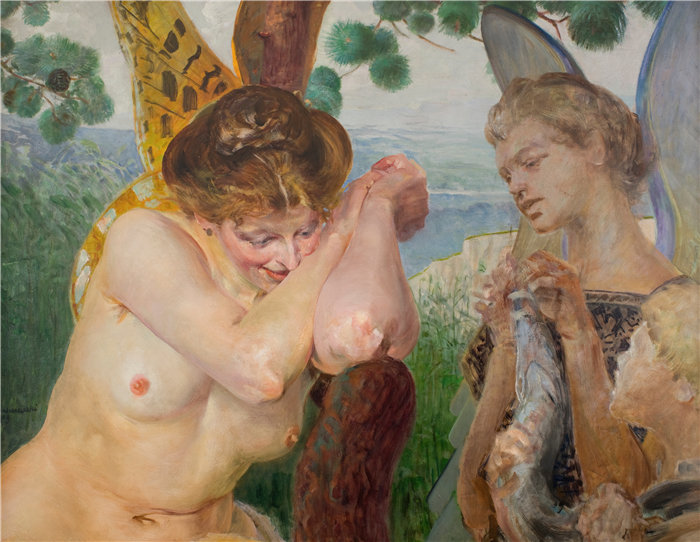杰克·马尔切夫斯基(Jacek Malczewski,波兰画家)作品-托比亚斯与鹰身女妖 (1909)