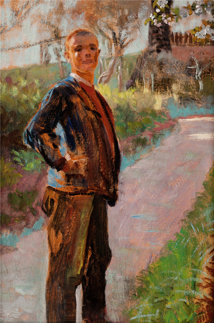杰克·马尔切夫斯基(Jacek Malczewski,波兰画家)作品-艺术家儿子在路上的风景(1913-1917)