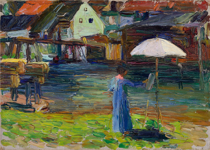 瓦西里·康定斯基（Wassily Kandinsky，俄罗斯画家）作品-Kallmünz – Gabriele Münter 绘画 I (1903)