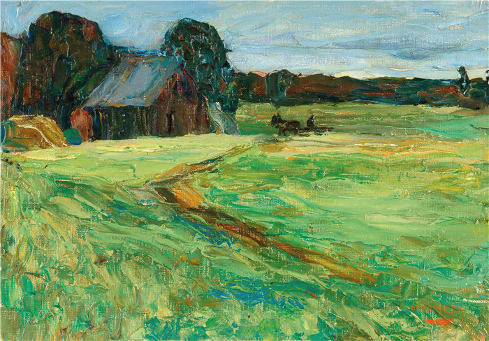 瓦西里·康定斯基（Wassily Kandinsky，俄罗斯画家）作品-Vasilevskoë – 有小马的谷仓 (1903)
