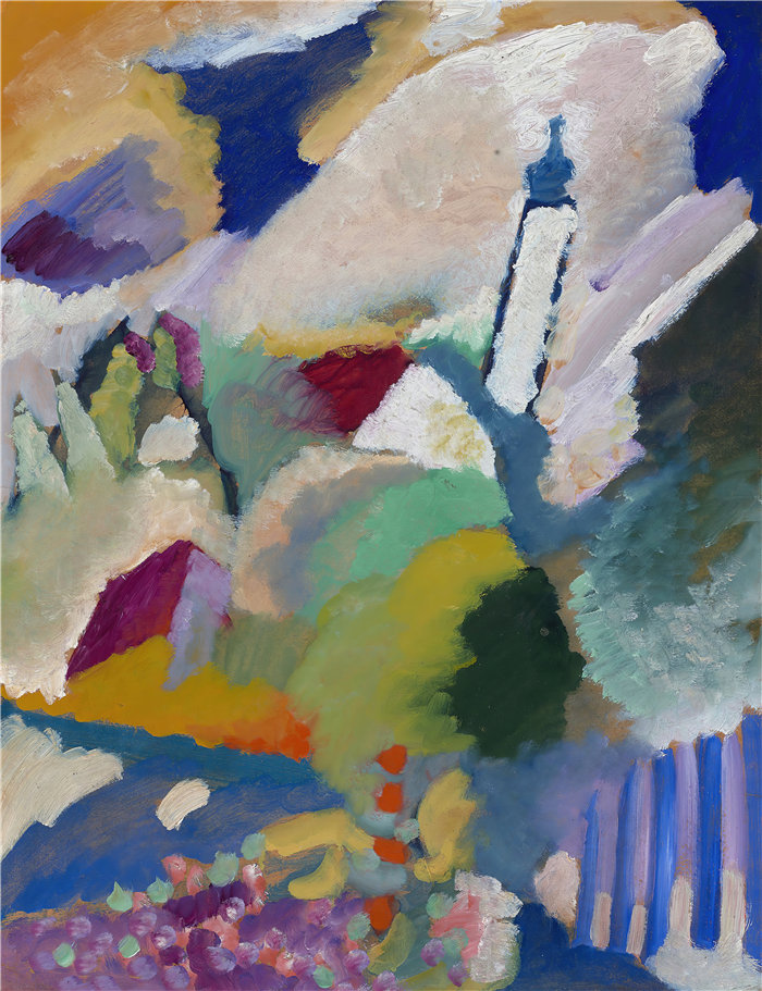 瓦西里·康定斯基(Wassily Kandinsky,俄罗斯画家)作品-穆尔瑙与教堂 I (1910)