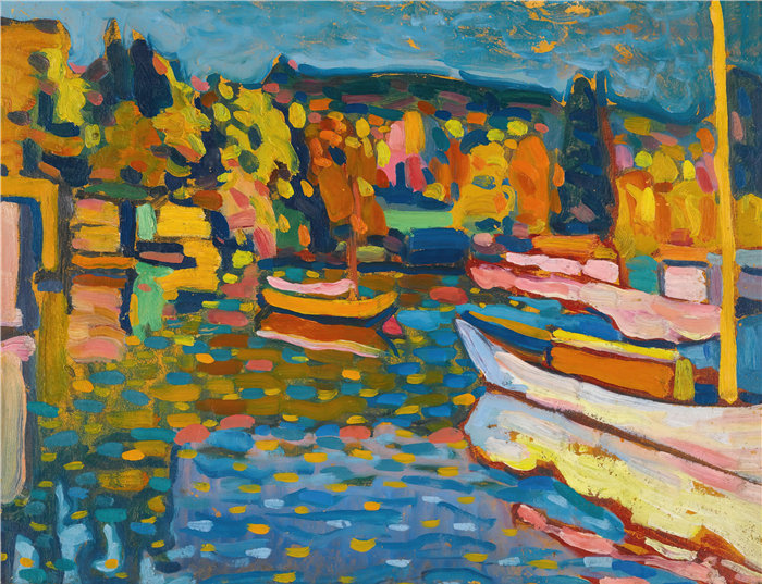 瓦西里·康定斯基（Wassily Kandinsky，俄罗斯画家）作品-用船研究秋天的风景（1908）