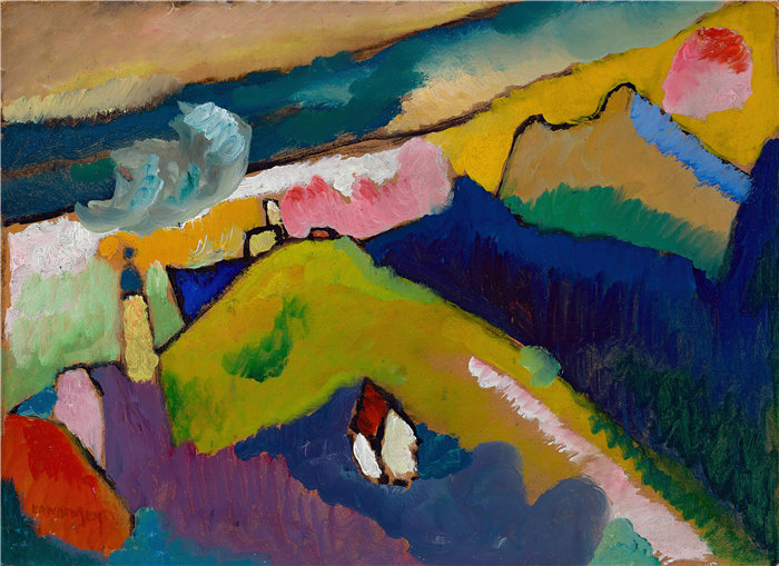瓦西里·康定斯基（Wassily Kandinsky，俄罗斯画家）作品-穆尔瑙 – 带教堂的山地景观（1910 年）