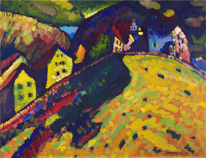 瓦西里·康定斯基(Wassily Kandinsky,俄罗斯画家)作品-穆尔瑙的房屋 (1909)