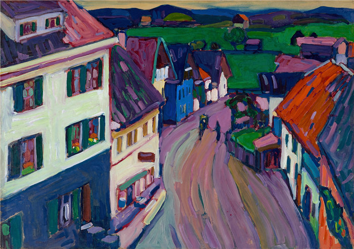 瓦西里·康定斯基(Wassily Kandinsky,俄罗斯画家)作品-穆尔瑙 – 从 Griesbräu 的窗户看到的景色(1908 年)