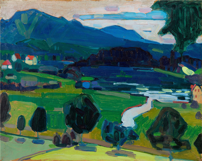 瓦西里·康定斯基（Wassily Kandinsky，俄罗斯画家）作品-穆尔瑙 - 俯瞰斯塔费尔湖 (1908)