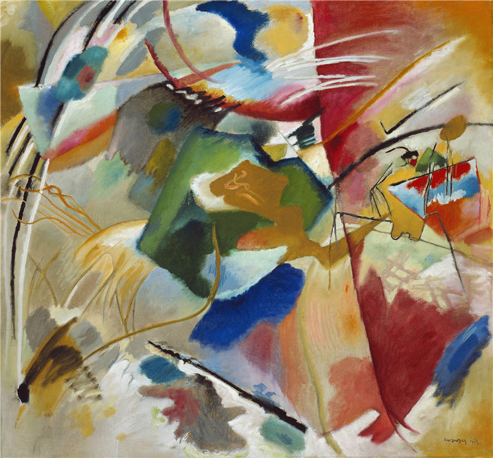 瓦西里·康定斯基(Wassily Kandinsky,俄罗斯画家)作品-用绿色中心绘画(1913)