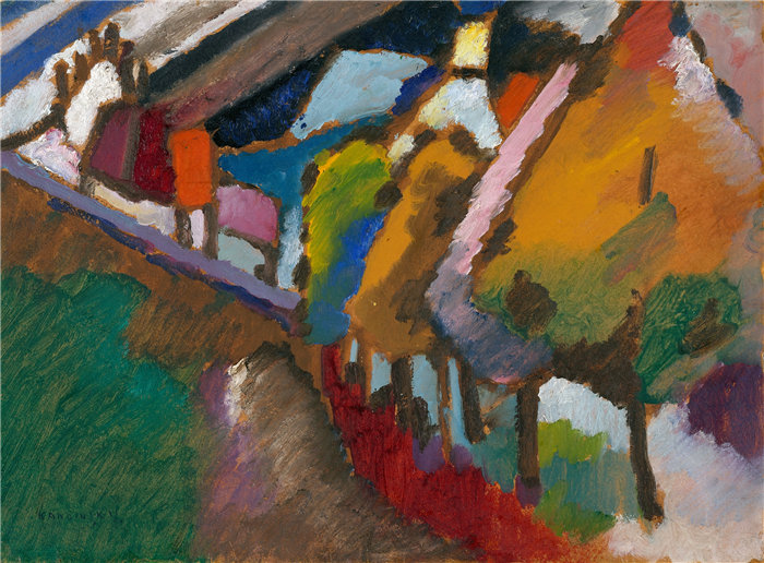 瓦西里·康定斯基（Wassily Kandinsky，俄罗斯画家）作品-穆尔瑙 - 城堡和教堂 (1909)