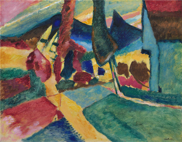 瓦西里·康定斯基（Wassily Kandinsky，俄罗斯画家）作品-两棵杨树风景（1912）