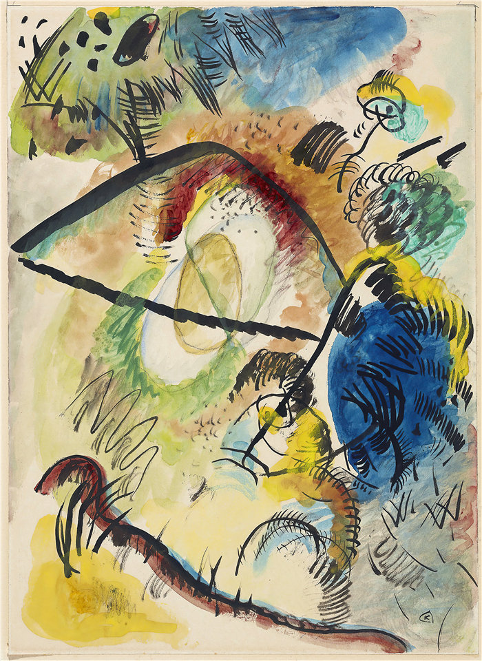 瓦西里·康定斯基(Wassily Kandinsky,俄罗斯画家)作品-水彩 IX(带黑线)(1913 年)