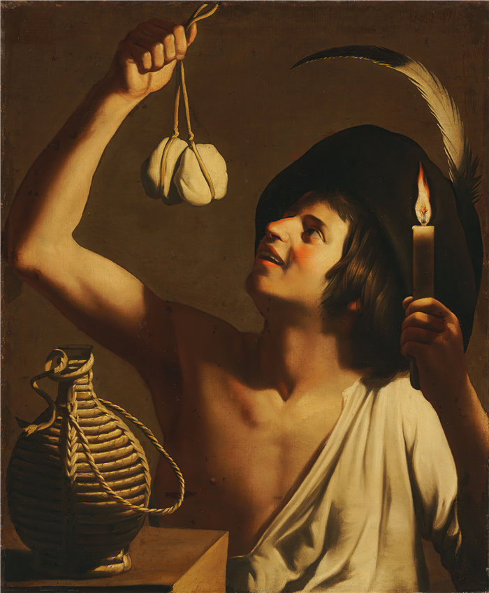 格里特·范·霍恩霍斯特（Gerrit van Honthorst，荷兰）-一个年轻人拿着一根燃烧的蜡烛和一个斯卡莫扎奶酪