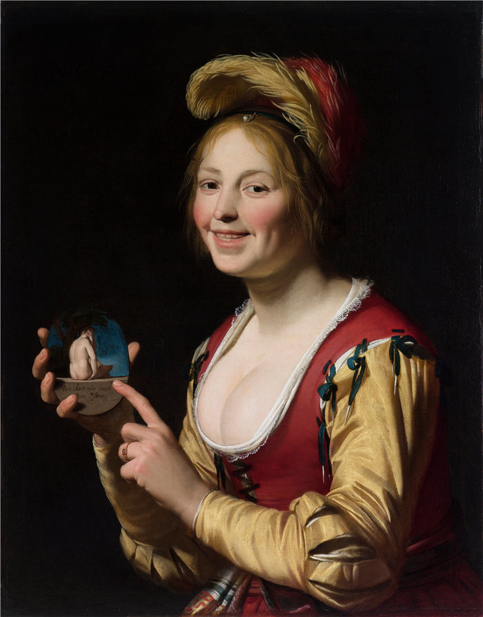 格里特·范·霍恩霍斯特（Gerrit van Honthorst，荷兰）-微笑的女孩，妓女，拿着淫秽的图像（1625）