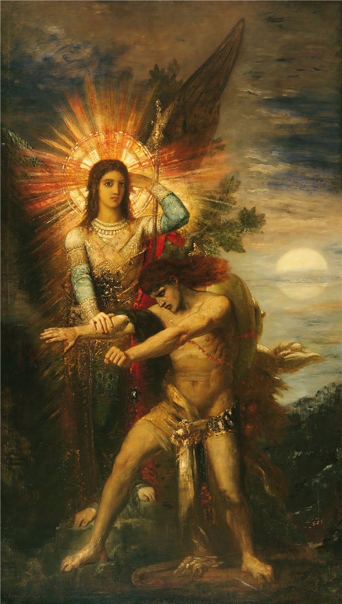 古斯塔夫·莫罗（Gustave Moreau，法国画家)-雅各布与天使 (1874-1878)