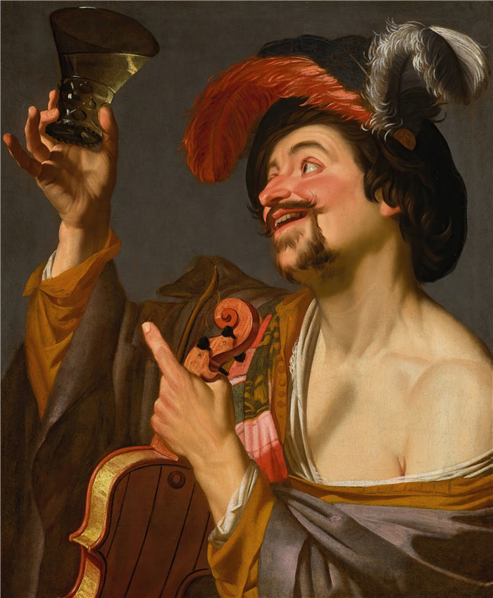 格里特·范·霍恩霍斯特(Gerrit van Honthorst,荷兰)-拿着罗默的快乐小提琴手