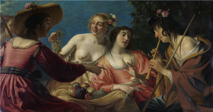 格里特·范·霍恩霍斯特(Gerrit van Honthorst,荷兰)-吹长笛的牧羊人和四个牧羊女 (1632)