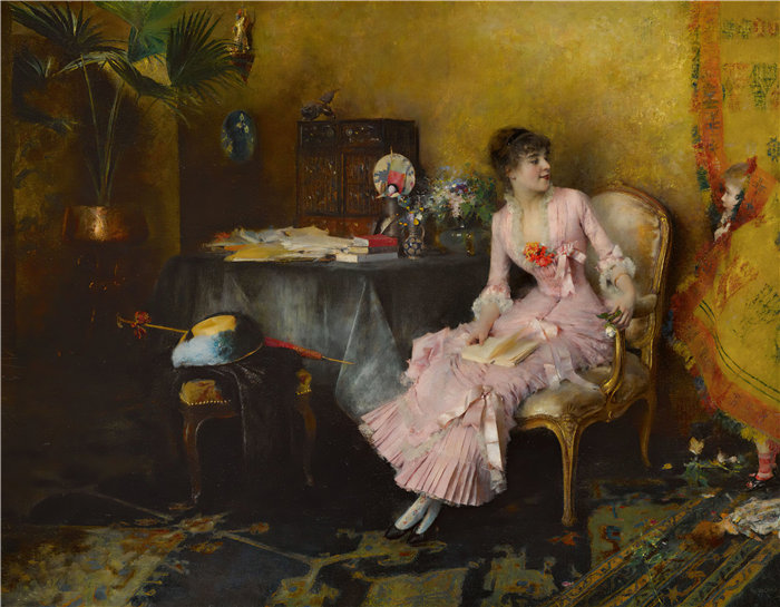 帕斯卡-阿道夫-让·达仰-布弗莱(Pascal-Adolphe-Jean Dagnan-Bouvere，法国)-Jeune Femme En Rose Avec Son Enfant (1882)