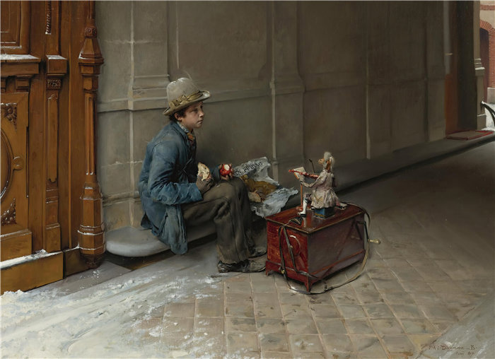 帕斯卡-阿道夫-让·达仰-布弗莱(Pascal-Adolphe-Jean Dagnan-Bouvere，法国)-在房子入口前吃饭的小萨瓦 (1877)