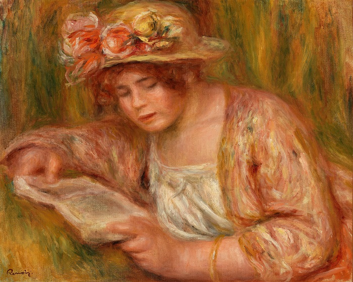 皮埃尔·奥古斯特·雷诺阿(Pierre-Auguste Renoir)Andrée in a Hat, Reading (Andrée en chapeau, lisant) (c. 1918).zi