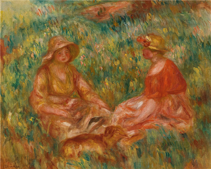 皮埃尔·奥古斯特·雷诺阿（Pierre-Auguste Renoir）–Deux Filles Dans Un Pré《草地上有两个女孩》（大约 1910 年）