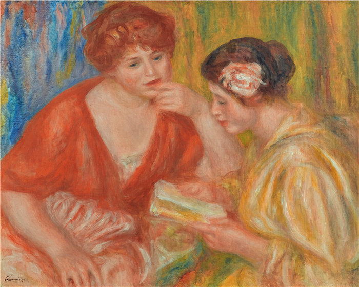 皮埃尔·奥古斯特·雷诺阿(Pierre-Auguste Renoir)作品 –(阅读——两个穿红色和粉红色紧身胸衣的女人)La Lecture,Deux Femmes Aux Corsages Rou