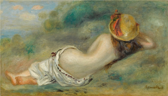 皮埃尔·奥古斯特·雷诺阿（Pierre-Auguste Renoir）–Baigneuse Allongée De Dos Avec Un Chapeau De Paille(戴草帽的仰卧泳者 (18