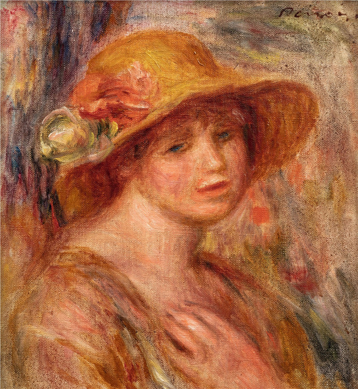 皮埃尔·奥古斯特·雷诺阿（Pierre-Auguste Renoir）作品 –Femme au chapeau de paille《戴草帽的女人》（大约 1916-18 年）