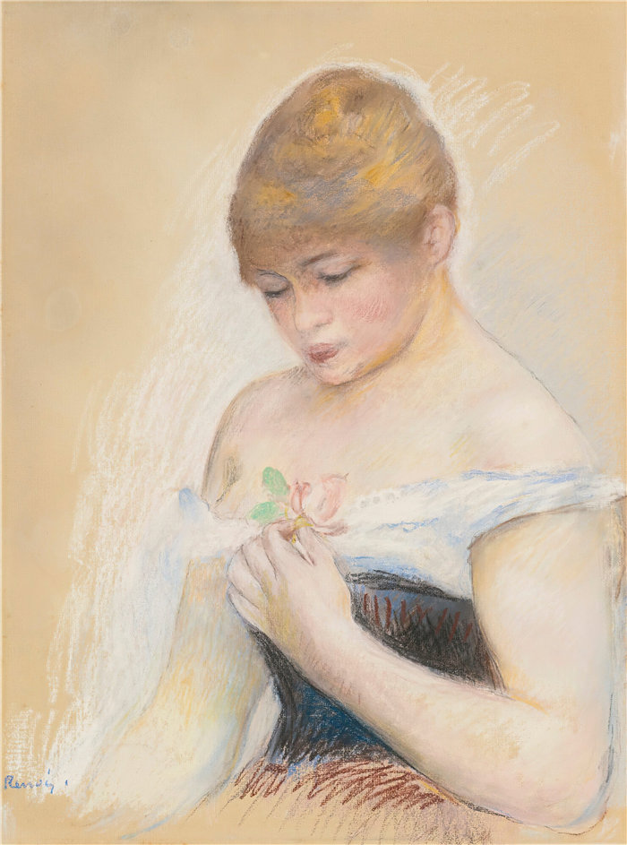 皮埃尔·奥古斯特·雷诺阿（Pierre-Auguste Renoir）作品 –手持鲜花的年轻女子（珍妮·萨马里肖像）（大约 1879-80 年）