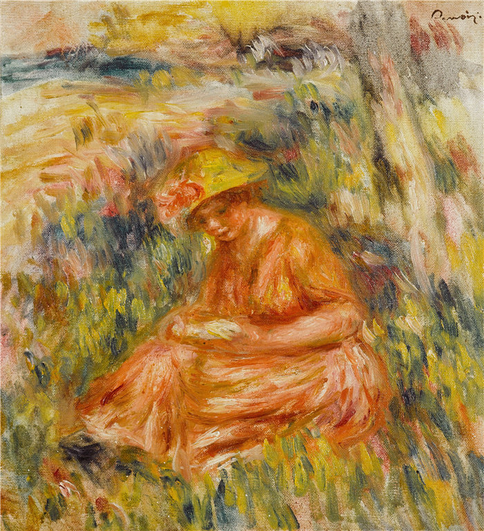 皮埃尔·奥古斯特·雷诺阿(Pierre-Auguste Renoir)作品 –Femme lisant dans un paysage(在风景中读书的女人) (1917)