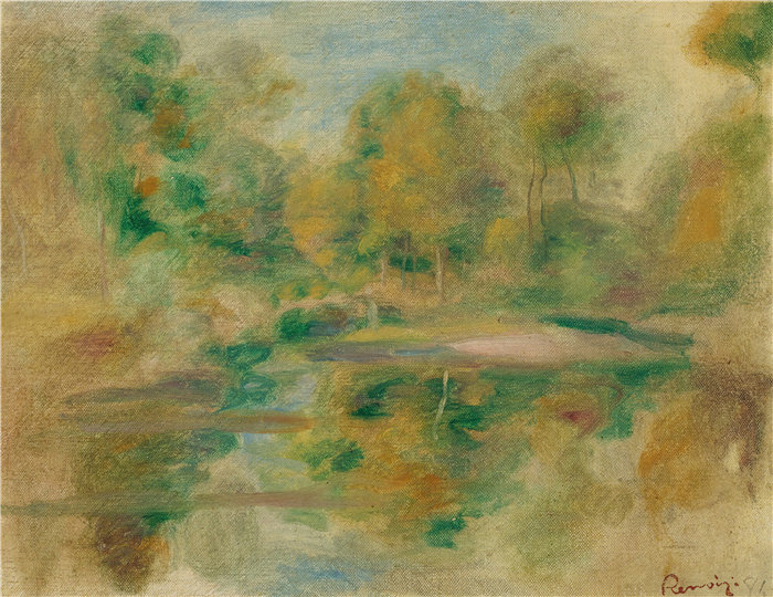 皮埃尔·奥古斯特·雷诺阿（Pierre-Auguste Renoir）作品 –Paysage, Étang Et Fond D'arbres（景观、池塘和树） (1913)