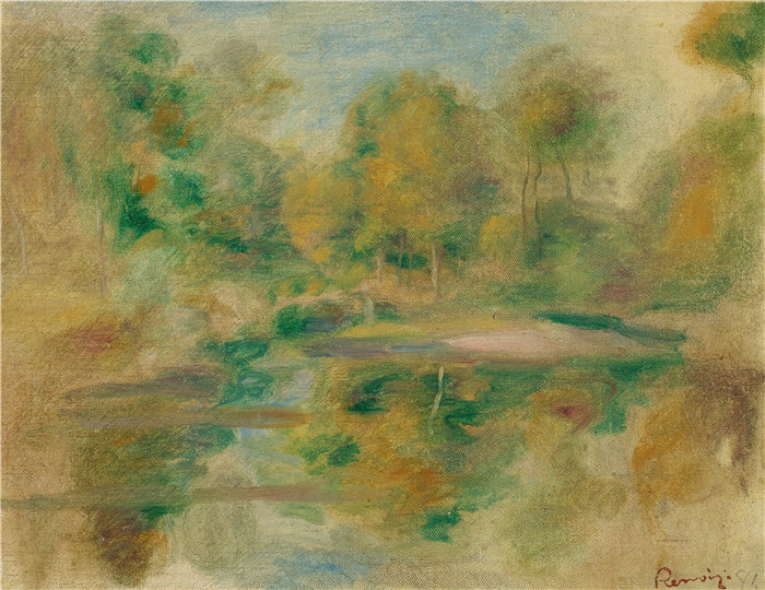 皮埃尔·奥古斯特·雷诺阿(Pierre-Auguste Renoir)作品 –Paysage, Étang Et Fond D'arbres(景观、池塘和树) (1913)