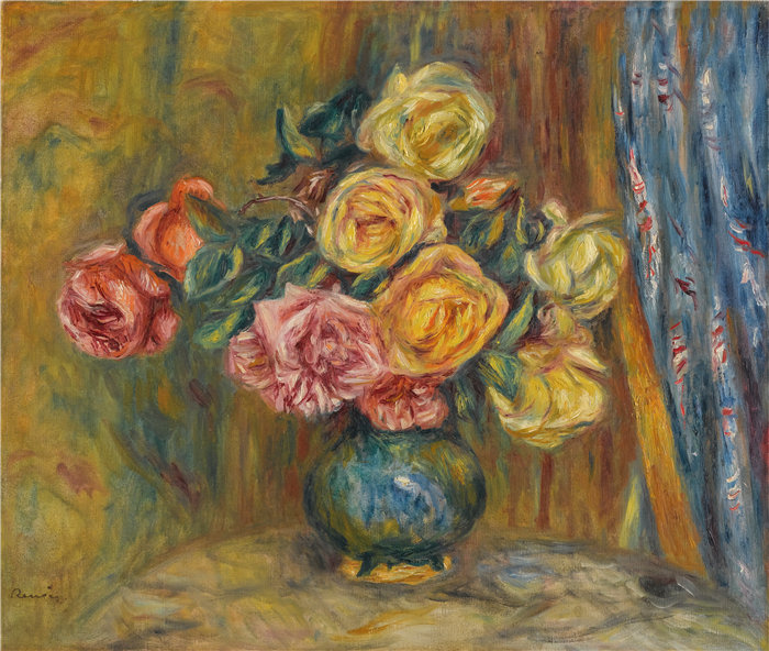 皮埃尔·奥古斯特·雷诺阿（Pierre-Auguste Renoir）作品 –Les Roses Au Rideau Bleu（蓝色窗帘的玫瑰） (1912)