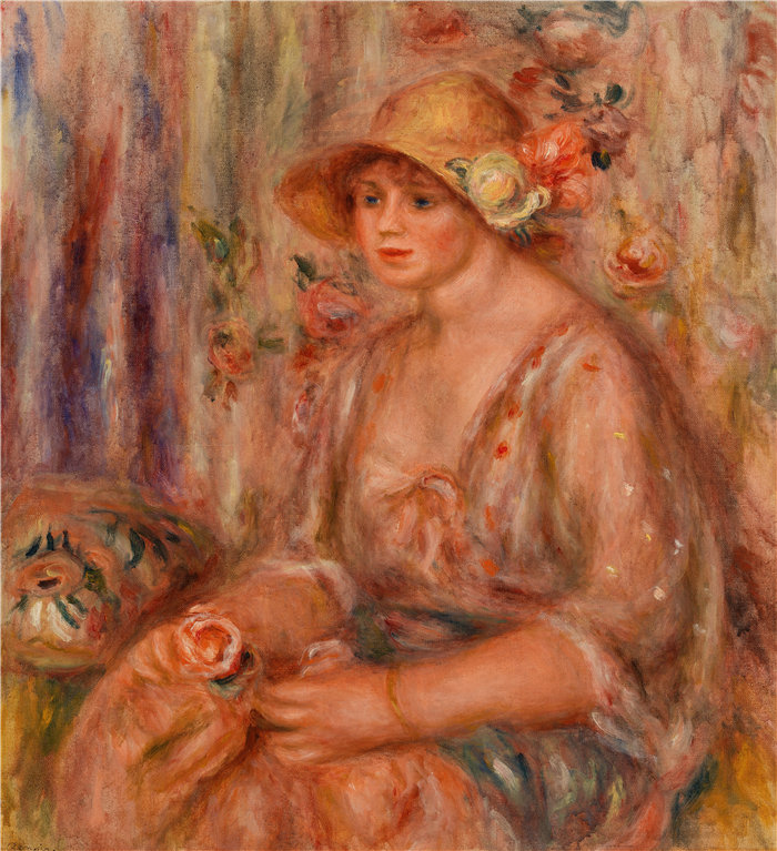 皮埃尔·奥古斯特·雷诺阿(Pierre-Auguste Renoir)作品 –穿平纹细布连衣裙的女人 (Femme en robe de mousseline) (1917)