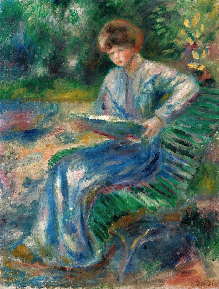 皮埃尔·奥古斯特·雷诺阿(Pierre-Auguste Renoir)作品 –Femme Lisant Sur Un Banc(坐在长凳上看书的女人)(大约 1905 年)