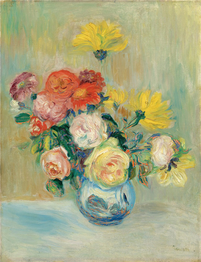 皮埃尔·奥古斯特·雷诺阿(Pierre-Auguste Renoir)作品 –花瓶玫瑰和大丽花