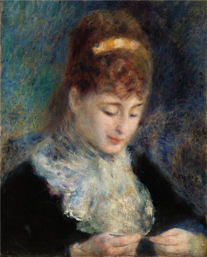 皮埃尔·奥古斯特·雷诺阿(Pierre-Auguste Renoir)作品 –女人钩针编织(Femme faisant du crochet)(约 1877 年)