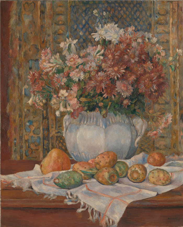 皮埃尔·奥古斯特·雷诺阿(Pierre-Auguste Renoir)作品 –有鲜花和仙人掌的静物(约 1885 年)