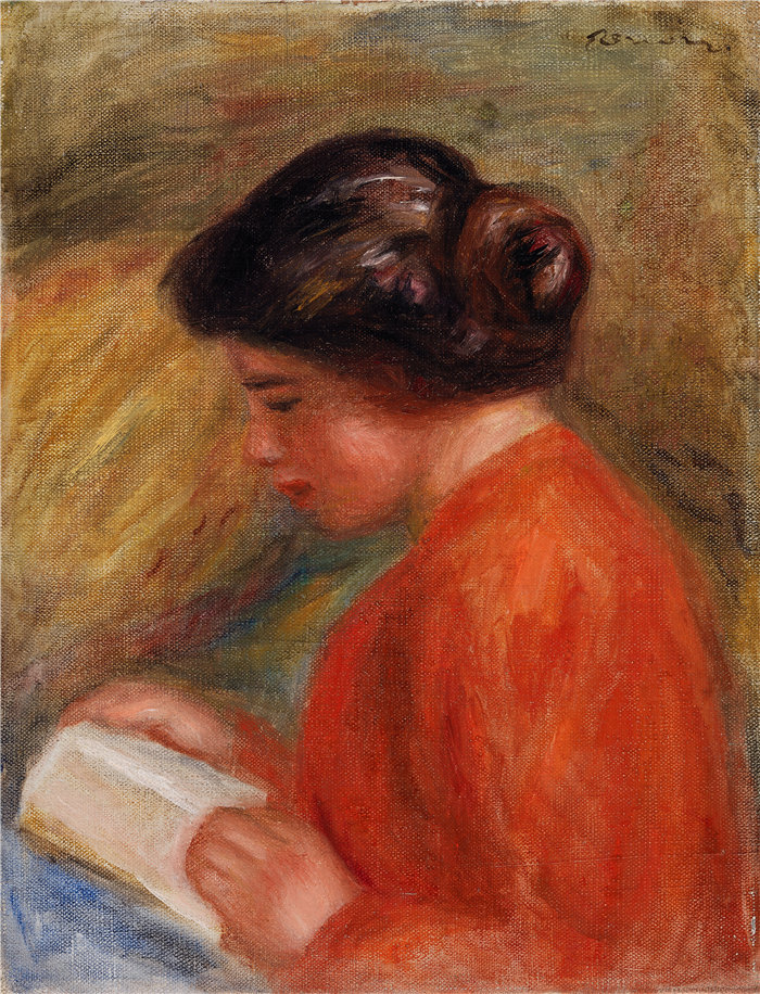 皮埃尔·奥古斯特·雷诺阿(Pierre-Auguste Renoir)作品 –阅读的年轻女子(Jeune femme lisant,buste)(约 1909 年)