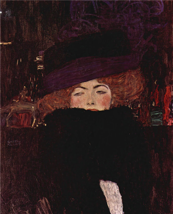 古斯塔夫·克里姆特（Gustav Klimt 奥地利画家）-戴帽子和羽毛的女士 (1909)