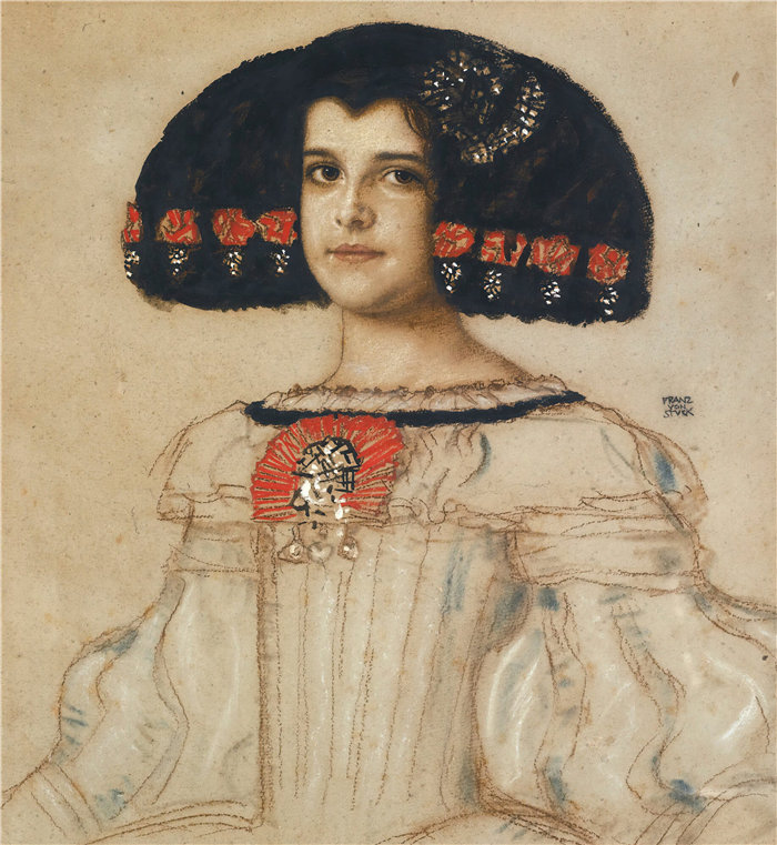 弗朗茨·冯·斯塔克 (Franz von Stuck) -- 玛丽，艺术家的女儿，身着贝拉斯克斯连衣裙